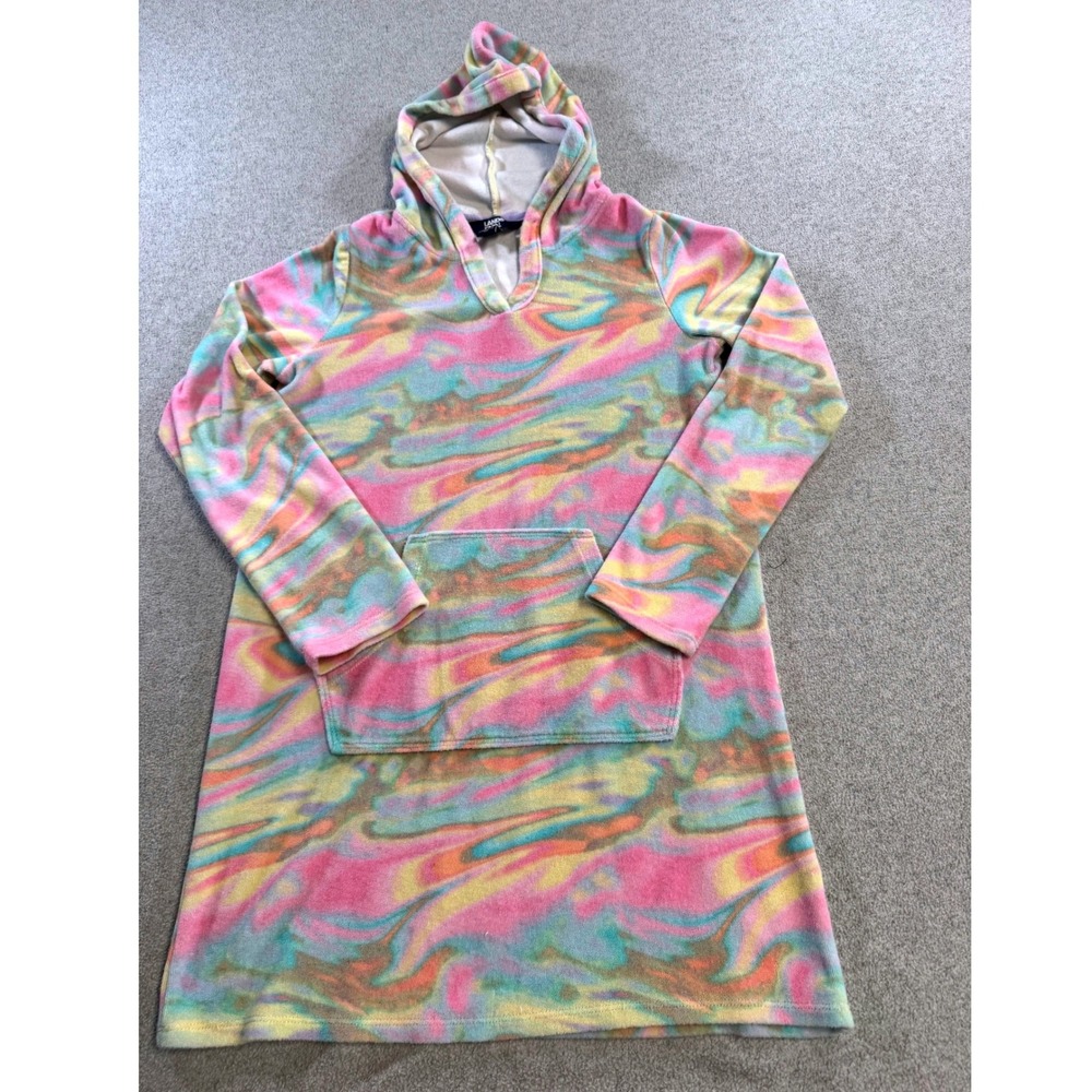 Lands End Hooded Dress Kids Size L 10-12 Multicolor Marble Swirl Fleece Coverup